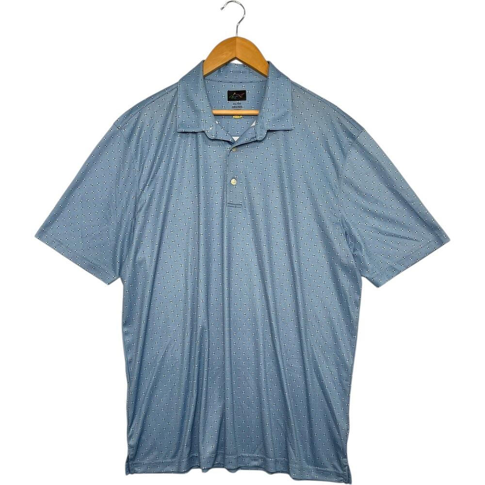 Greg Norman Polo Shirt Mens XL Blue Geometric PlayDry Performance Golf Athletic